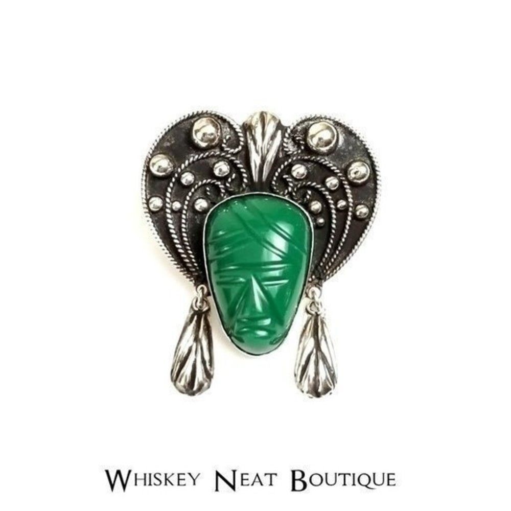 Vintage Taxco Sterling Silver Aztec or Mayan Warrior Tribal Mask Brooch - Picture 2 of 7